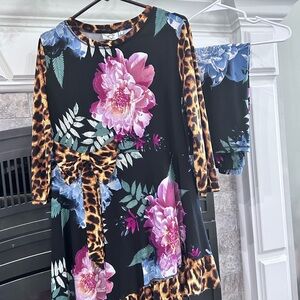 Black Floral Midi Dress with Leopard-Print Belt